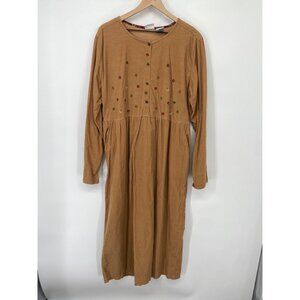 Vtg Bobbie Brooks TAN Corduroy Maxi Dress Women's EMBROIDERED LEAVES COTTAGECORE